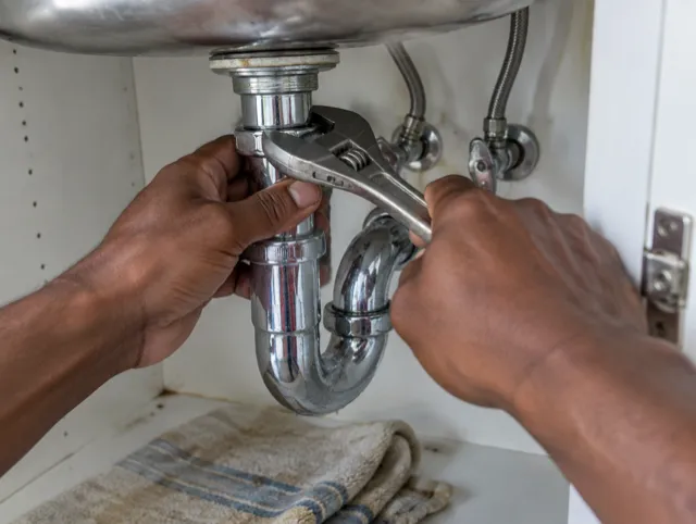 Hands tightening a leaking pipe under a kitchen sink